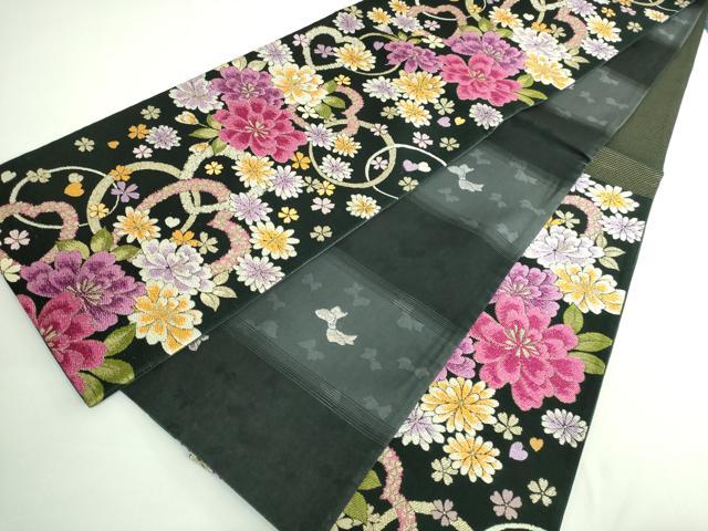 平和屋着物●極上 両面 六通柄袋帯 唐織 舞花文 黒地 金糸 逸品 DZAB0709kh5