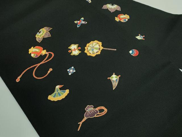 平和屋着物●極上 銀座越後屋 九寸名古屋帯 駒刺繍 宝尽くし 黒地 金糸 鬼しぼ縮緬 逸品 DZAB0746kh5