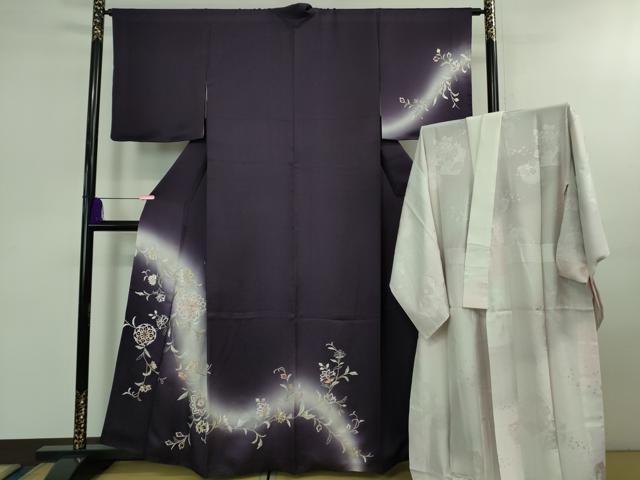 平和屋本店■極上 訪問着・長襦袢(無双仕立て)セット 総刺繍 花唐草文 暈し染め 銀糸 京都きもの友禅扱い 逸品 DZAB0759kh5