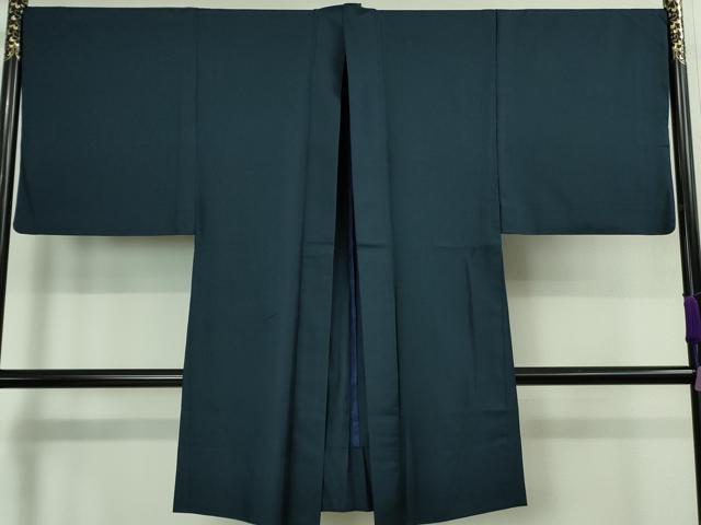 平和屋着物∞極上 男性 長羽織 単衣 お召地 色無地 青藍色 逸品 DZAB0832kh5