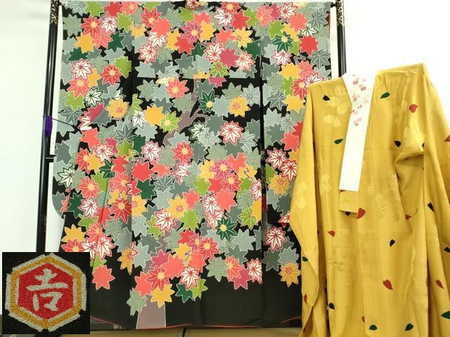平和屋本店■極上 和染紅型 栗山紅型 栗山吉三郎 振袖・長襦袢(無双仕立て・半衿刺繍)セット 楓 鬼しぼ縮緬 黒地 逸品 DZAB0863kh5