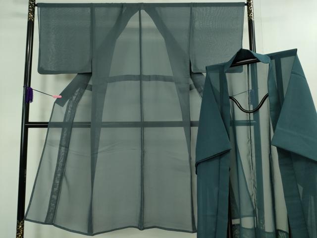 平和屋本店■極上 男性 色無地 アンサンブル 長羽織 紗 着物:薄花色×長羽織:藍色 逸品 DZAB0870kh5