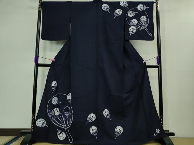 平和屋着物■極上 夏物 浴衣 有松鳴海絞り 団扇 うちわ 紺色地 綿 逸品 DZAB0880kh5