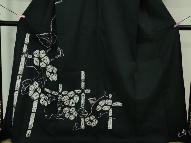 平和屋着物∴極上 夏物 浴衣 有松鳴海絞り 朝顔 黒地 綿 逸品 DZAB0881kh5