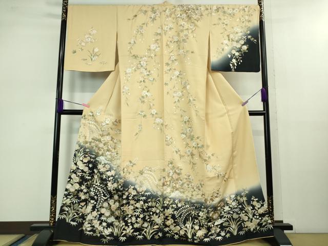平和屋本店■極上 訪問着 駒刺繍 枝垂れ花文 砥粉色地 暈し染め 金彩 逸品 DZAB1038kh5