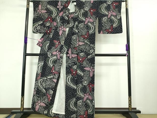 平和屋着物∴極上 夏物 浴衣 有松鳴海絞り 舞蝶文 黒地 綿 逸品 DZAB1056kh5