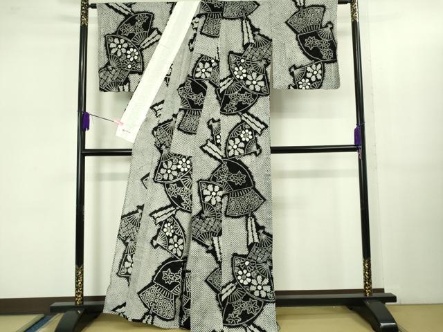 平和屋着物∴極上 夏物 浴衣 有松鳴海絞り 扇面吉祥花文 黒地 綿 やまと誂製 逸品 DZAB1071kh5