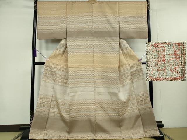 平和屋本店●極上 伝統工芸士 曽根武勇 お召 横段文 ロング丈 逸品 DZAB1091kh6