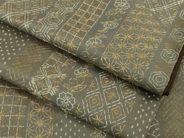 平和屋本店■極上 紬 刺し子 総刺繍 名物裂花間道 煤色地 逸品 DZAB1107kh5