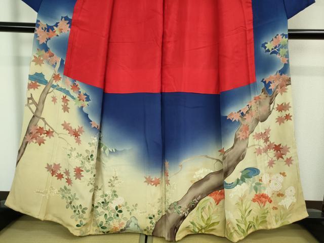 平和屋着物●極上 アンティーク 大正ロマン 色留袖 刺繍 楓菊花文 暈し染め 金彩 逸品 DZAB1113kh5