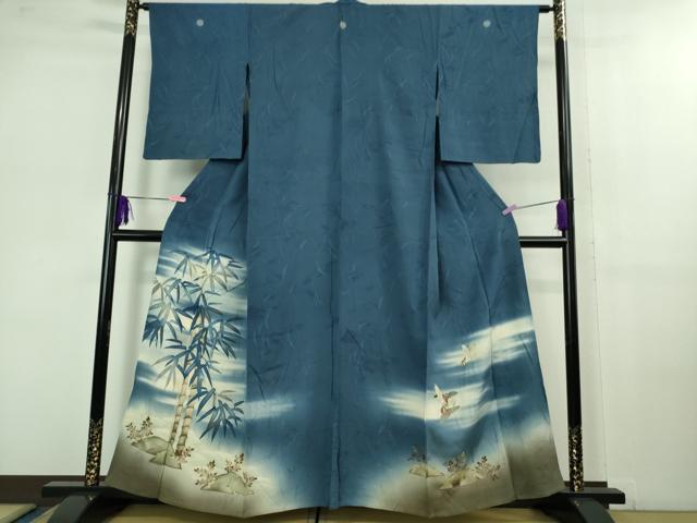 平和屋着物▽極上 アンティーク 大正ロマン 色留袖 単衣 手描き 刺繍 笹竹に雀 暈し染め 逸品 DZAB1118kh5