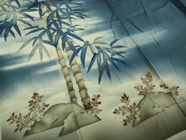 平和屋着物▽極上 アンティーク 大正ロマン 色留袖 単衣 手描き 刺繍 笹竹に雀 暈し染め 逸品 DZAB1118kh5