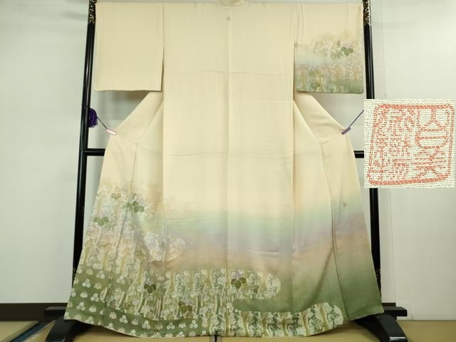 平和屋本店■極上 山口美術織物 皇室 伊勢神宮御用 西陣織 訪問着 錦繍 お召地 立涌桐花文 薄卵色地 暈し染め 金糸 逸品 DZAB1125kh5