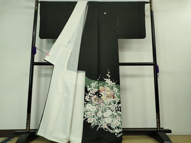 平和屋着物●極上 京友禅作家 山科春宣 黒留袖 鴛鴦梅菊文 たたき染め 逸品 DZAB1142kh5