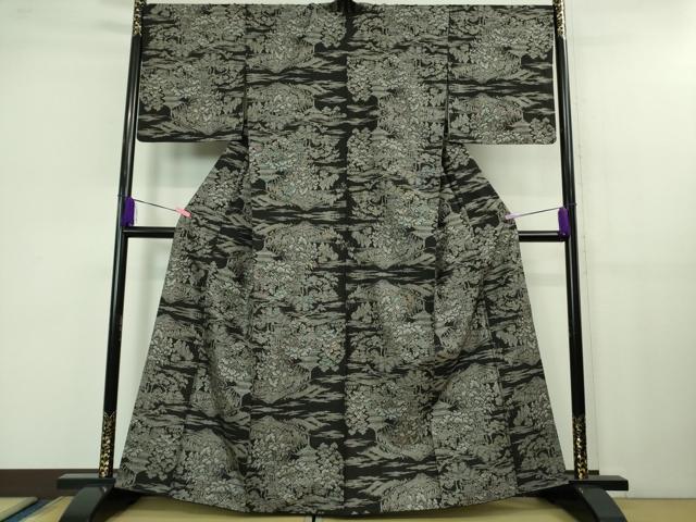 平和屋本店■希少 本場大島紬 吉三郎 吉織物謹製 割込絣織 黒地 逸品 DZAB1164kh5