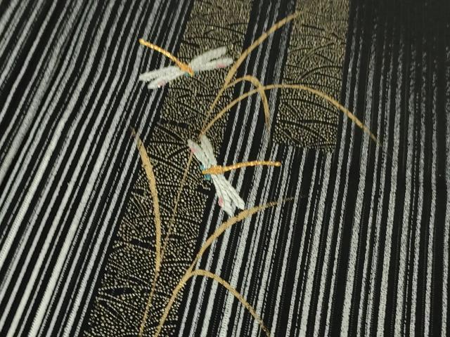 平和屋着物*極上 夏物 訪問着 刺繍 縦絽 蜻蛉 トンボ 黒地 金彩 逸品 DZAB1166kh5