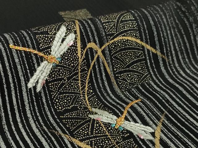 平和屋着物*極上 夏物 訪問着 刺繍 縦絽 蜻蛉 トンボ 黒地 金彩 逸品 DZAB1166kh5