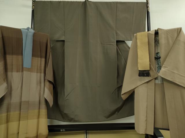 平和屋本店■極上 男性 お召 アンサンブル 長羽織・長襦袢(無双仕立て)・角帯 4点セット 着物:海松茶色 羽織:白茶色 逸品 DZAB1196kh5