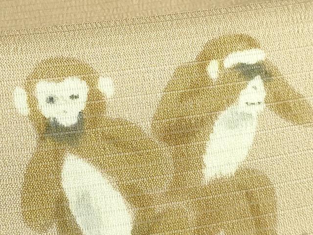 平和屋着物*極上 夏物 九寸名古屋帯 作家物 絽縮緬 手描き 三猿 色 逸品 DZAB1224kh5