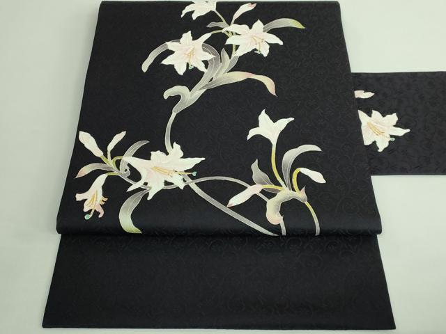 平和屋着物●極上 九寸名古屋帯 友禅 百合 黒紫色地 逸品 DZAB1232kh5