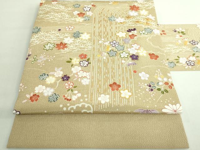 平和屋本店■極上 九寸名古屋帯 駒刺繍 風景花文 枯色地 金彩 鬼しぼ縮緬 たとう紙付き 逸品 DZAB1243kh5