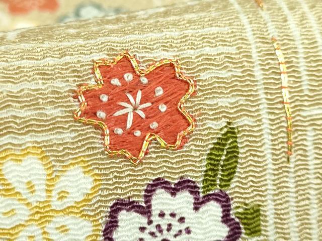 平和屋本店■極上 九寸名古屋帯 駒刺繍 風景花文 枯色地 金彩 鬼しぼ縮緬 たとう紙付き 逸品 DZAB1243kh5