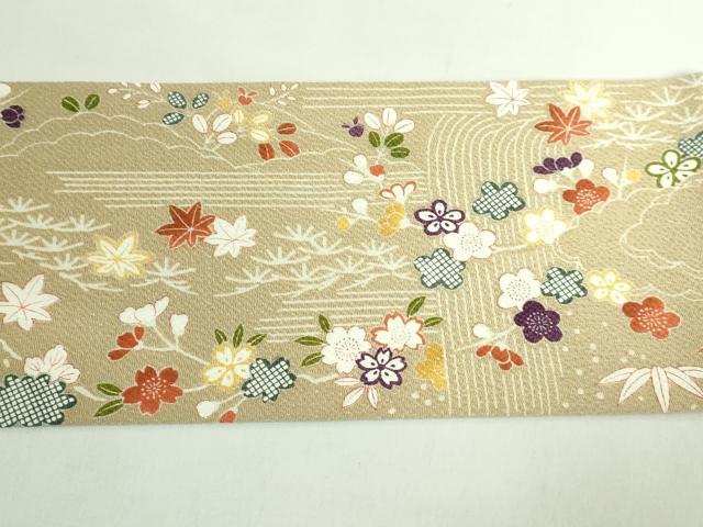 平和屋本店■極上 九寸名古屋帯 駒刺繍 風景花文 枯色地 金彩 鬼しぼ縮緬 たとう紙付き 逸品 DZAB1243kh5