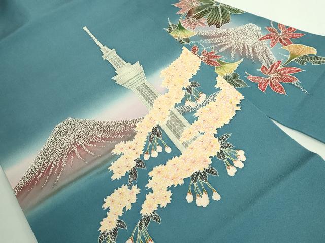 平和屋着物●極上 九寸名古屋帯 富士山 スカイツリー 希少柄 高麗納戸色地 鈴乃屋扱い 逸品 DZAB1245kh5