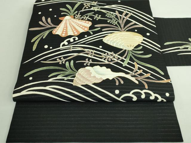 平和屋本店■極上 夏物 倉谷憲明 九寸名古屋帯 絽縮緬 立波に貝 黒地 金彩 逸品 DZAB1246kh5