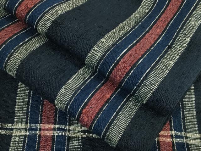 平和屋本店■極上 浦野理一 経節紬 九寸名古屋帯 間道 紺色地 逸品 DZAB1250kh5