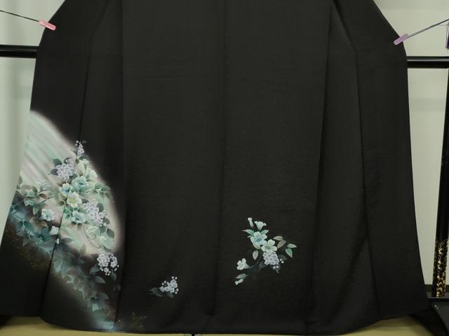平和屋着物▽極上 訪問着 単衣 草花文 暈し染め 紫黒色地 金銀彩 反端付き 逸品 未使用 DZAB1301kh5