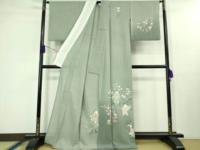 平和屋着物*極上 夏物 訪問着 友禅 作家物 童子 草花文 暈し染め 薄青色地 逸品 DZAB1310kh5
