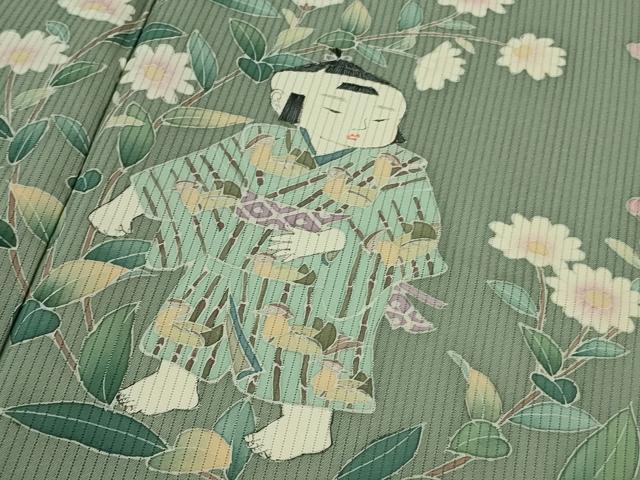 平和屋着物*極上 夏物 訪問着 友禅 作家物 童子 草花文 暈し染め 薄青色地 逸品 DZAB1310kh5