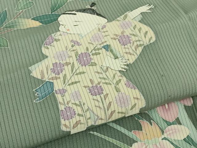 平和屋着物*極上 夏物 訪問着 友禅 作家物 童子 草花文 暈し染め 薄青色地 逸品 DZAB1310kh5