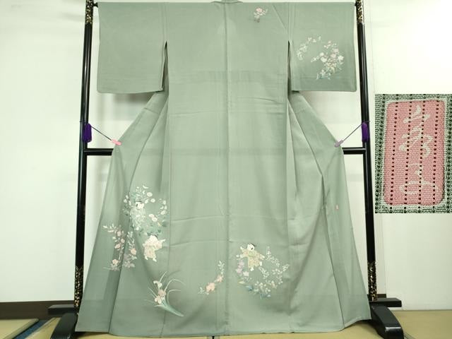平和屋着物*極上 夏物 訪問着 友禅 作家物 童子 草花文 暈し染め 薄青色地 逸品 DZAB1310kh5