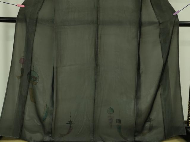 平和屋本店▽極上 訪問着 無双 紗袷 紗×絽 手描き 風鈴 金魚 黒地 逸品 DZAB1315kh5