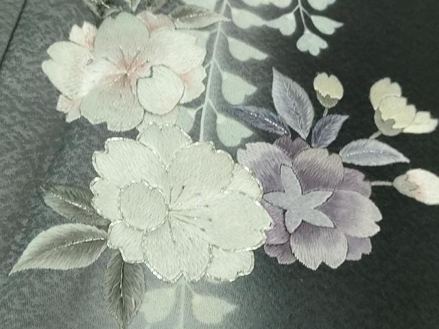 平和屋本店■極上 訪問着 総手刺繍 草花藤花房 黒地 暈し染め 銀糸 逸品 未使用 DZAB1338kh5