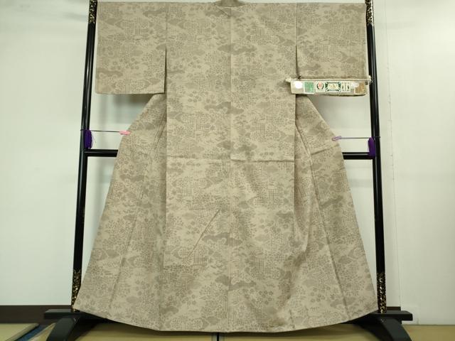 平和屋本店●極上 本場結城紬 重要無形文化財 100亀甲 飛び亀甲柄 風景花文 灰白色地 証紙付き 逸品 未使用 DZAB1350kh5