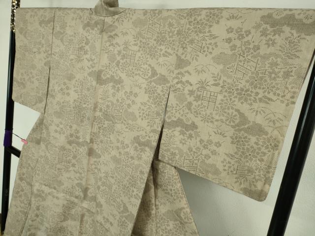 平和屋本店●極上 本場結城紬 重要無形文化財 100亀甲 飛び亀甲柄 風景花文 灰白色地 証紙付き 逸品 未使用 DZAB1350kh5