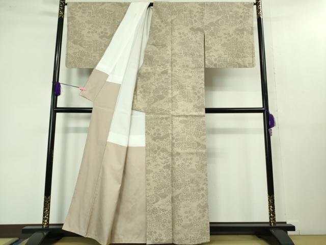 平和屋本店●極上 本場結城紬 重要無形文化財 100亀甲 飛び亀甲柄 風景花文 灰白色地 証紙付き 逸品 未使用 DZAB1350kh5