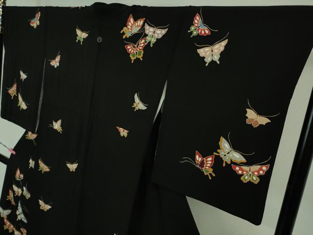 平和屋本店■極上 訪問着 舞蝶文 黒地 金彩 鬼しぼ縮緬 高島屋扱い 逸品 DZAB1362kh5