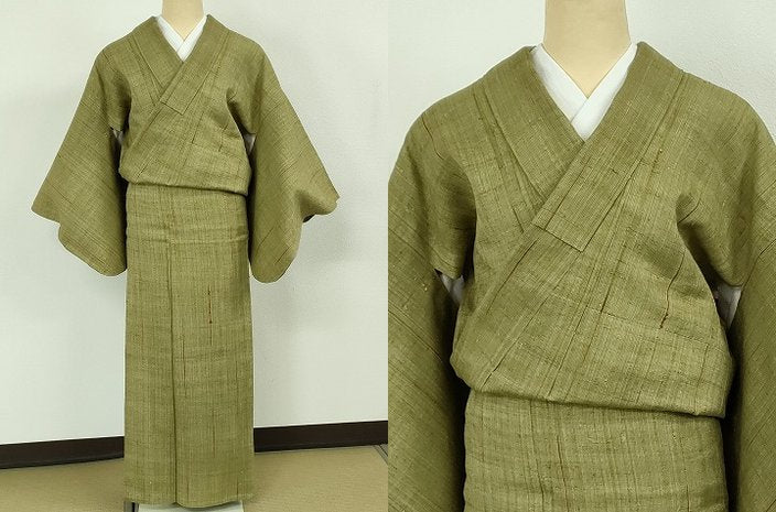 平和屋本店▽極上 浦野理一 経節紬 単衣 柳茶色地 逸品 DZAB1373kh5