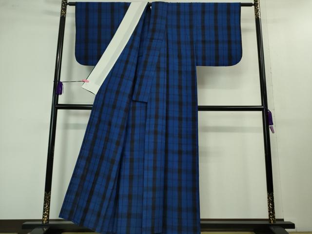 平和屋本店▽極上 浦野理一 経節紬 単衣 格子 逸品 DZAB1374kh5