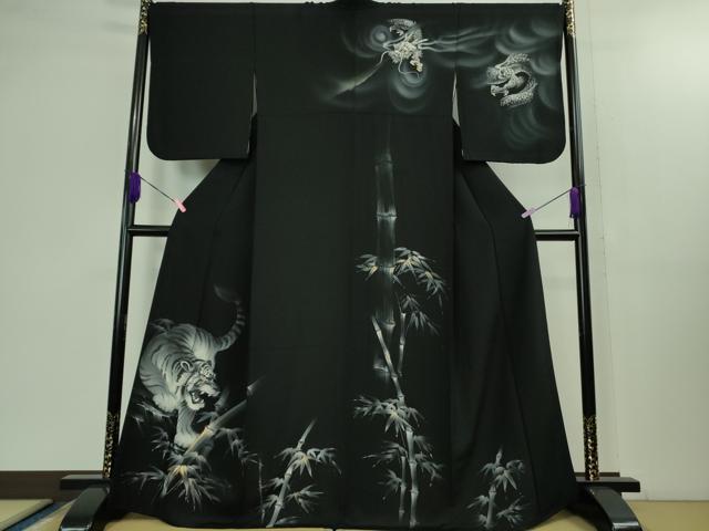 平和屋本店■極上 訪問着 手描き 龍 虎 笹竹 黒地 金銀彩 逸品 DZAB1412kh5