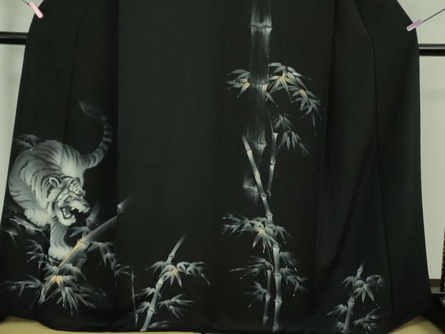 平和屋本店■極上 訪問着 手描き 龍 虎 笹竹 黒地 金銀彩 逸品 DZAB1412kh5