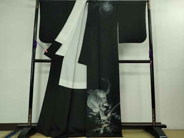 平和屋本店■極上 訪問着 手描き 龍 虎 笹竹 黒地 金銀彩 逸品 DZAB1412kh5