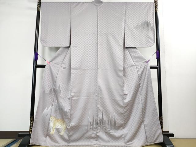 平和屋本店●極上 訪問着 手描き チーター 城 スパンコール 藤色地 銀彩 逸品 未使用 DZAB1417kh5