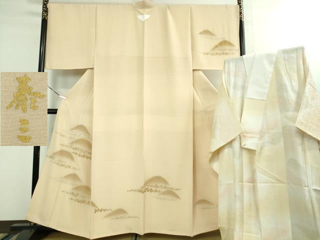 平和屋本店■極上 京都 染の聚楽 泰三 訪問着・長襦袢(無双仕立て)セット 刺繍 霞山花文 薄香色地 金糸 逸品 未使用 DZAB1420kh5