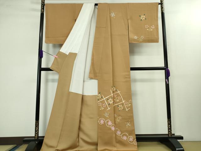 平和屋本店■極上 京友禅作家 米沢新之助 訪問着 草花文 江戸茶色地 金彩 ロング丈 逸品 DZAB1569kh5