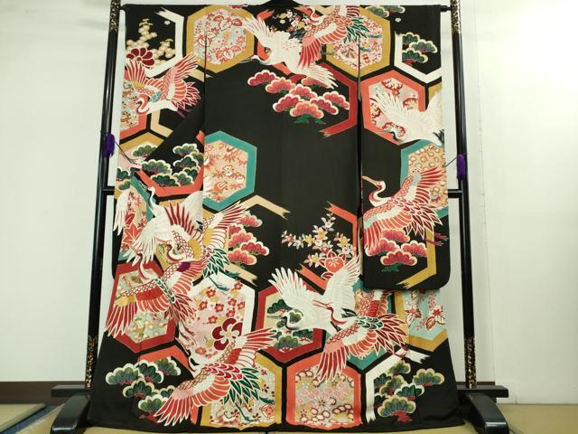 平和屋本店●極上 アンティーク 大正ロマン 振袖 駒刺繍 飛鶴亀甲吉祥花文 黒地 金彩 逸品 DZAB1609kh5